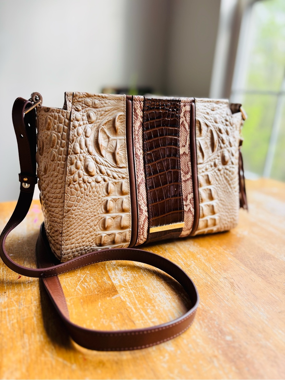 Brahmin Hilary Crossbody Beige and Brown Croc-Embossed Leather with Tassel - Picture 2 of 16